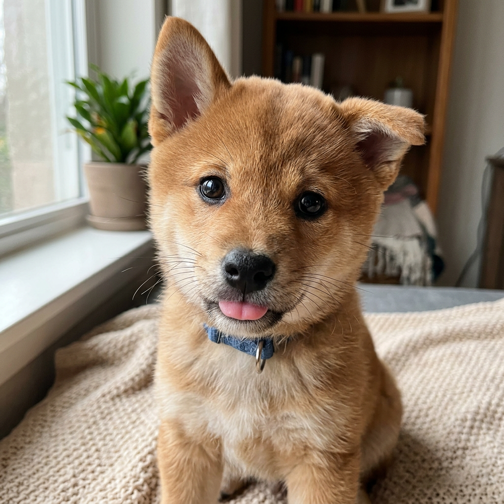 Close-up of Wafflepup the Shiba puppy tilting his head at the camera